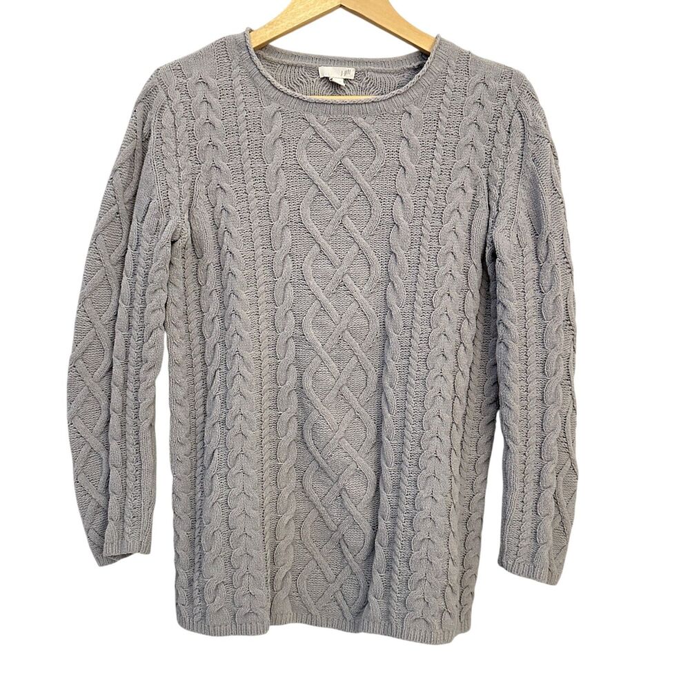 J. Jill Light Grey Soft Chenille Crewneck Cable Knit Sweater Size S